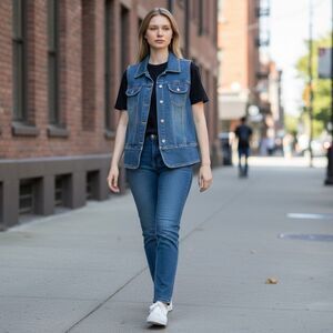 AMI Jean Vest  size P Large button up Collared Biker Edgy